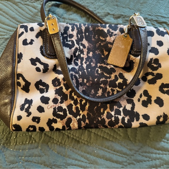Coach Handbags - Coach Leopard-Print Canvas Shoulder Bag with Dark Brown Leather